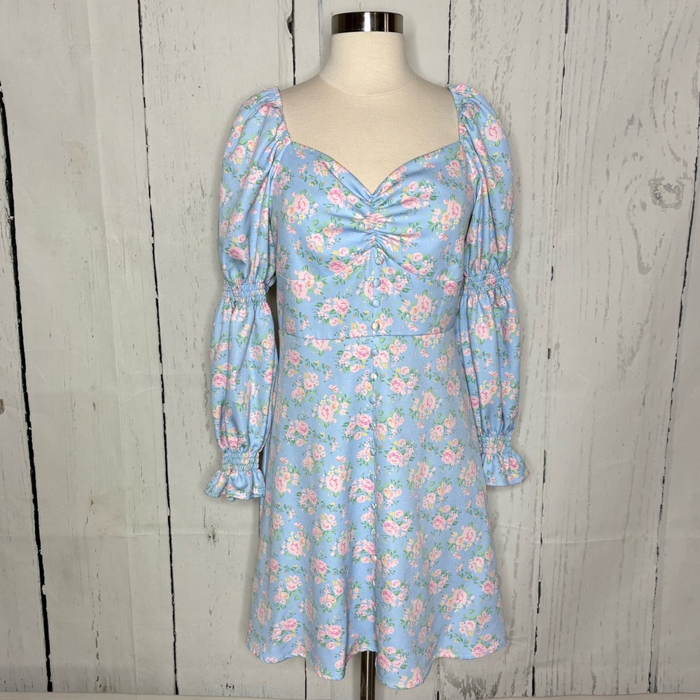 Floral Blue Dress with Puff Sleeves